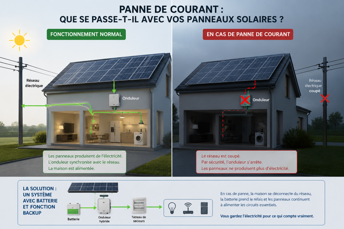 Maison équipée de panneaux solaires et batterie de secours pendant une panne de courant